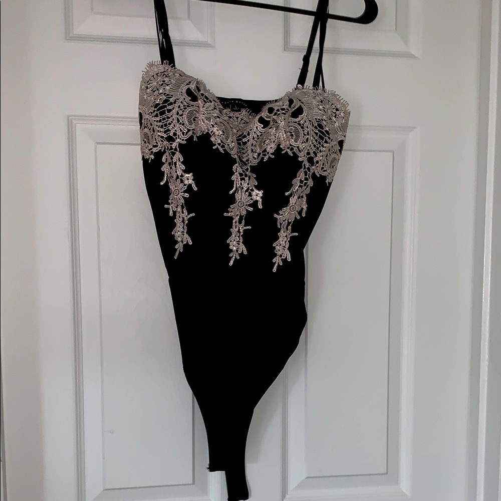 Haute Monde Black Bodysuit with Lace Detail - Size Large, NEVER WORN